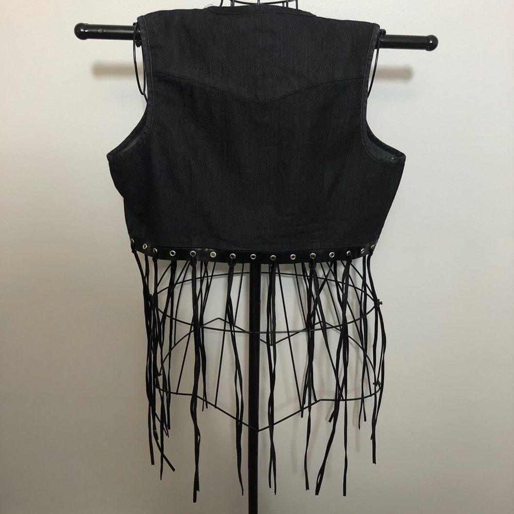 New Denim & Fringe Hippie Biker Vest, Faux Leather - Picture 2 of 3